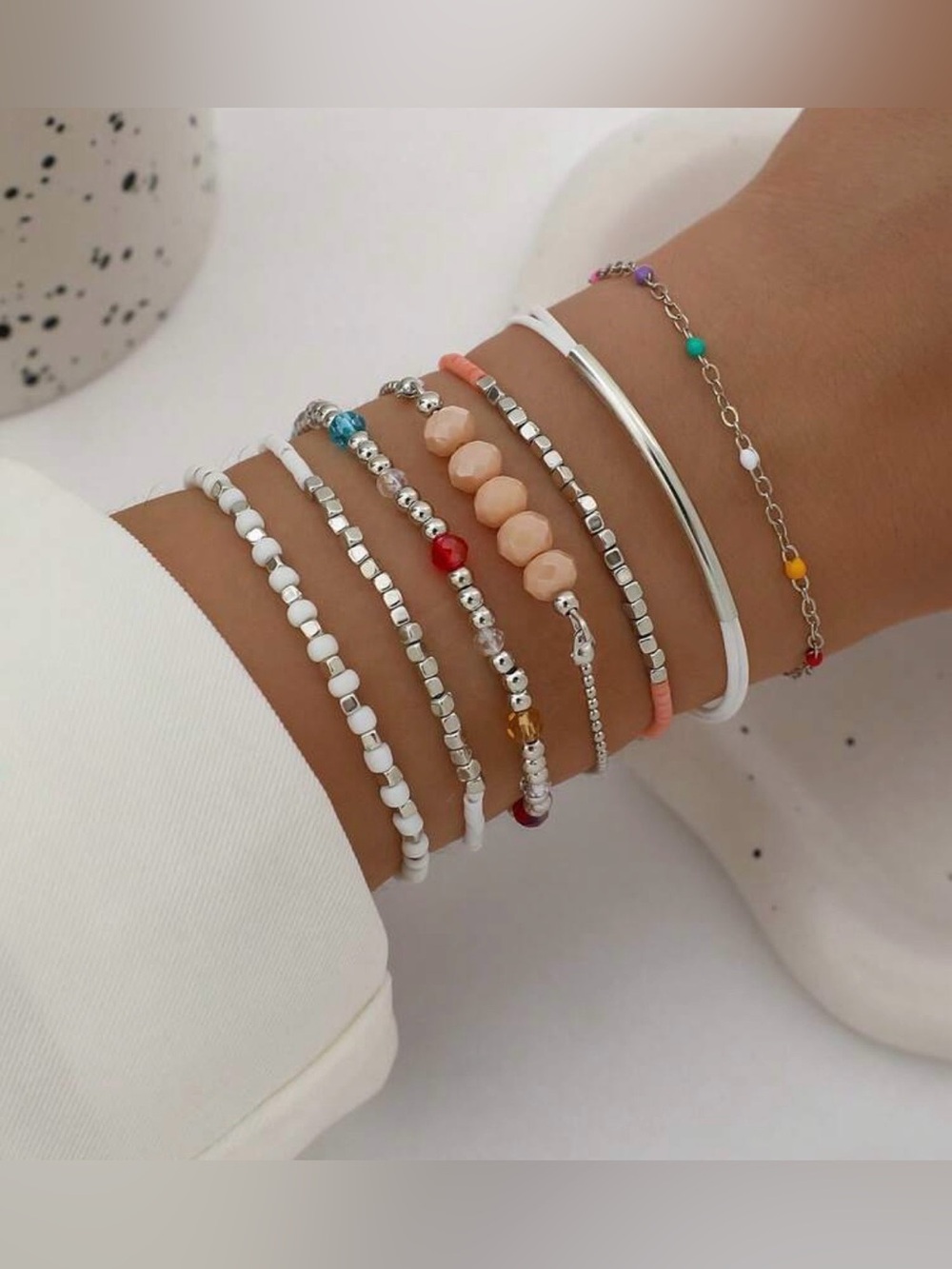 NWT 7 PCS CCB Rice Beaded Bracelet Set | Silver Tone Metal & Mixed Beaded